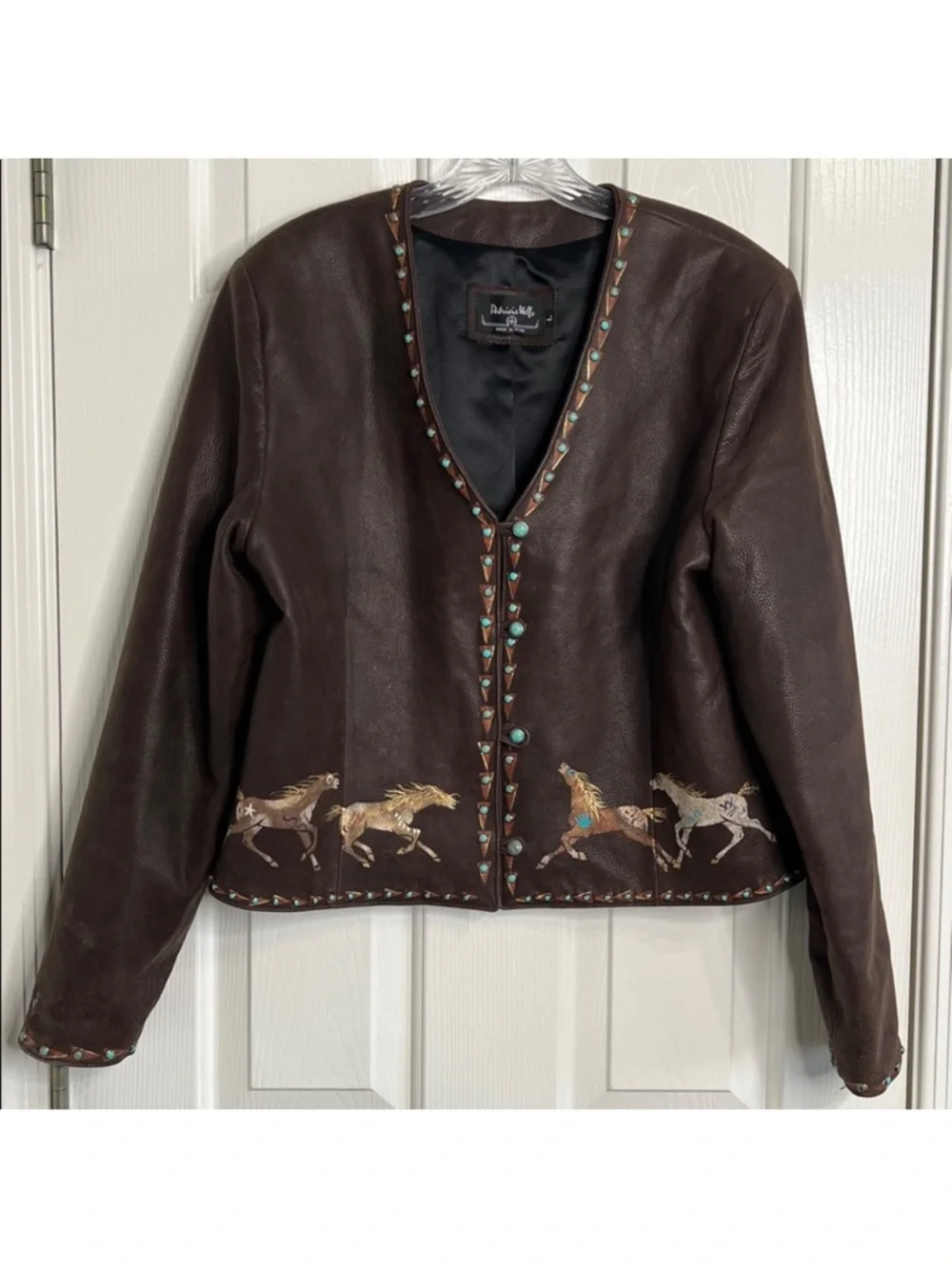Patricia Wolf hand painted Indian ponies Leather Jacket Turquoise Studs L EUC - Picture 8 of 10